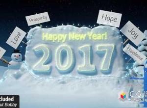 AE模板-2017新年圣诞节片头卡通小人雪地烟花新年Logo展示 New Year