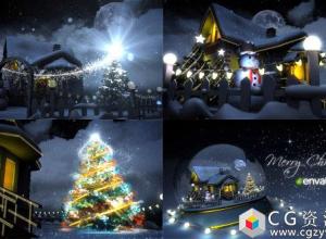 AE模板-三维场景庆祝圣诞节片头动画雪球房子圣诞树Christmas 免费下载
