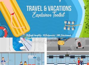 AE模板-服务类休闲酒店假期旅游MG动画卡通人物场景元素包