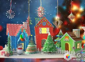 AE模板-圣诞节祝贺3D卡片动画弹出房子树雪人礼品christmas-paper-card