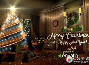 AE模板-庆祝圣诞节节日快乐三维片头房子树灯魔法粒子动画效果christmas