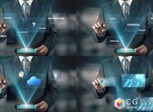 AE模板-手指点击控制商务全息投影动画Hologram Businessman Screens