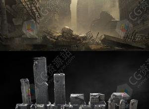 倒塌楼房建筑废墟场景3D模型 C4D/Blender/FBX/OBJ/Maya/UE格式