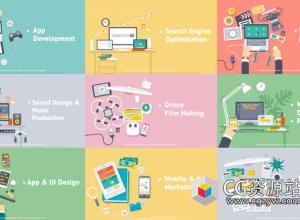 AE模板-创意扁平化商务办公桌MG动画片头+Premiere预设