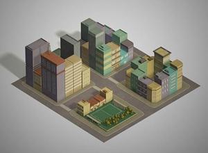 城市街区楼房低多边形3D模型 Cubebrush – LowPoly Pack of 4 City Blocks
