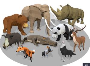 熊猫/犀牛/大象低多边形卡通动物模型动画合集 – 01