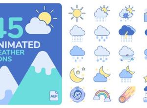 AE模板-45个扁平化天气图标雨雪太阳云MG动画