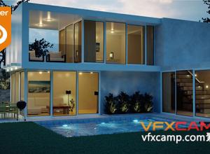 Blender逼真现代建筑房屋场景建模渲染视频教程+中英文字幕