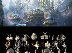 皇家城市神话城堡悬浮庭院3D模型 C4D/MAX/Maya/Blender/Houdini/Unreal/Unity等