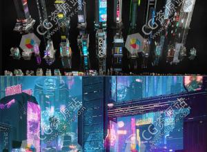 科幻赛博朋克城市建筑商店楼房小巷住宅3D模型C4D/FBX/OBJ/MAX/Maya/Blender/Houdini/Unity/Unreal格式