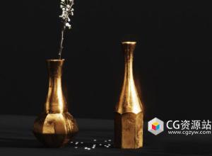 樱花枝植物铝制花瓶3D模型 C4D/MAX/OBJ格式