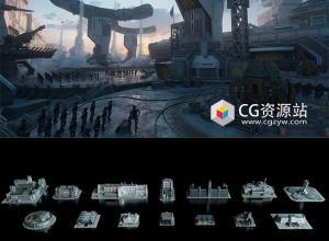 Blender未来战争战场武器装备基地油轮路障防御设施3D模型
