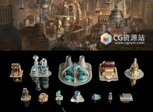 未来科幻建筑楼房城市场景朋克机械风格3D模型 Blender/Unreal/FBX/3DS MAX