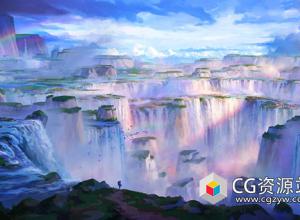 Blender PS唯美仙境薰衣草瀑布场景制作流程视频教程+中文字幕