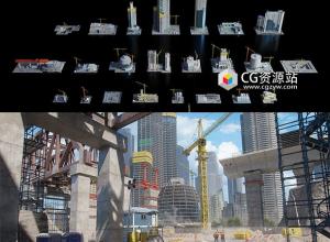 建筑工地场景摩天大楼塔吊机械工具相关3D模型 Blender格式