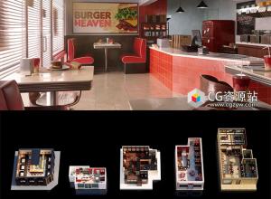 Blender汉堡店/拉面店/小酒馆/中国餐厅场景3D模型室内设计套装 Restaurants