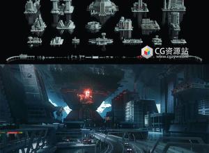 未来科幻野兽派风格灰白高楼大厦建筑3D模型 C4D/FBX/MAX/Maya/Blender/Unreal格式 Brutalist 2055