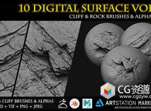 Zbrush笔刷-10组悬崖峭壁岩石表面雕刻纹理合集 10 Digital Surface Vol.08