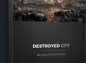 破裂道路毁坏车辆倒塌楼房建筑废墟场景3D模型  FBX格式