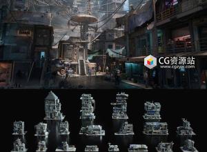 未来城市建筑街道公共设施贫民窟破旧楼房3D模型 Blender/FBX/Unreal格式 Future Slums 2