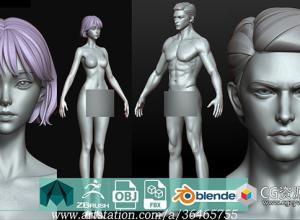 9组Zbursh年轻男女人体解剖建模雕刻3D模型