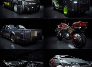 Blender赛博朋克科幻摩托车汽车3D模型 Cyberpunk Vehicles
