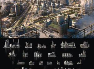 Blender重工业反应堆烟囱管道冷却塔重工业建筑楼房3D模型 Refineries
