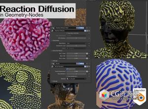 Blender可视化反应扩散模拟几何节点资产预设 Reaction Diffusion