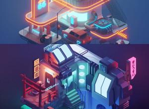 Blender三维建模灯光渲染卡通低多边形插画风格场景教程+中英文字幕