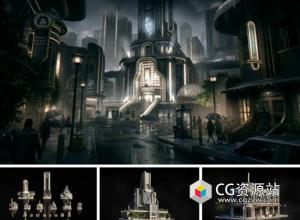 黑色复古未来主义高楼建筑资产3D模型Noir Futurism C4D/FBX/OBJ/Blender/3DS MAX/Maya/Houdini/Unity/UE格式