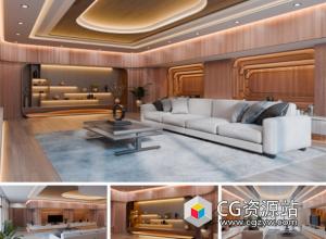 Blender现代弧形木质客厅场景资产3D模型 Modern Curved Wooden Living Room