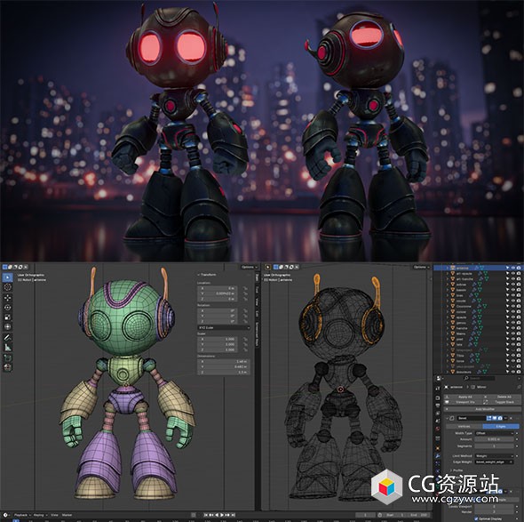 Blender新手入门机器人建模展UV贴图绑定动画渲染全流程教程+中英文字幕