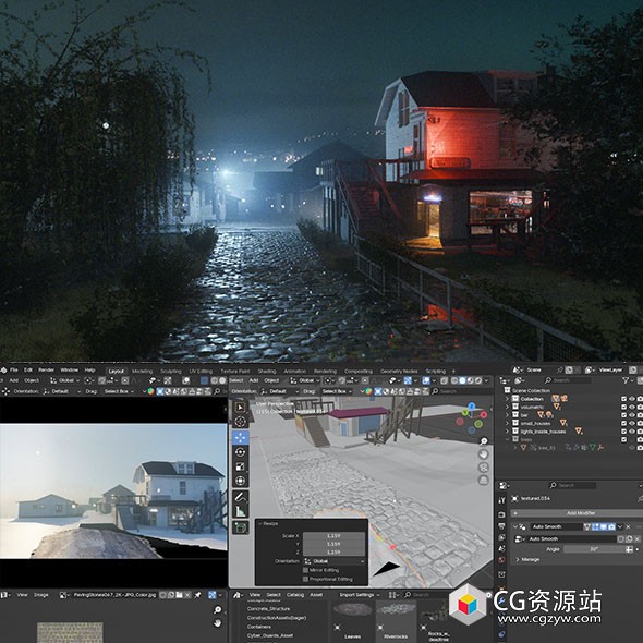 Blender制作真实小镇场景建模贴图灯光渲染全流程基础教程+中文字幕