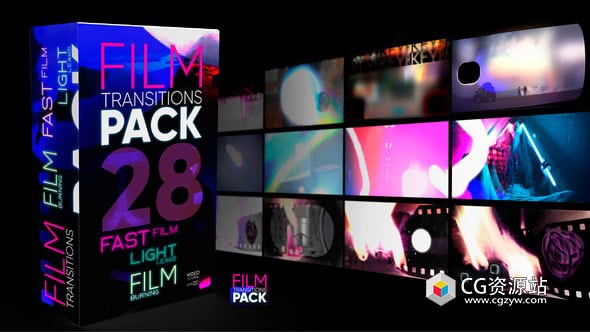 AE+PR+达芬奇模板-28组电影胶片灼烧光效刮痕闪烁视频转场预设 Film Transitions Pack