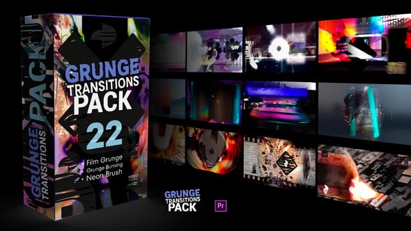 PR模板-复古胶片故障笔刷特效转场 Grunge Transitions Pack