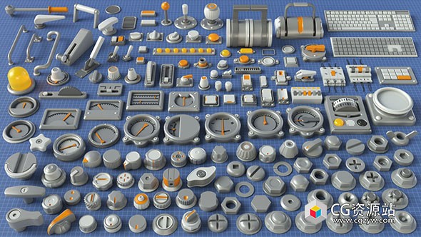 工业仪表螺母开关零部件场景搭建组件3D模型 Industrial Kitbash – 9 – 156 pieces-图片1